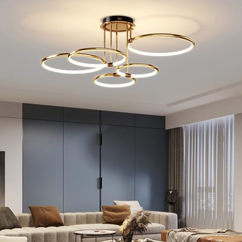 JOJOM LED Deckenleuchte Modern Creative Gold Ringsform Design Wohnzimmer Deckenlampe Dimmbar mit Fernbedienung Schlafzimmerlampe Aluminium Beleuchtung für Küche Esszimmer Büro (Größe : 5 Ringe) von JOJOM