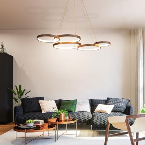 JOJOM LED Hängelleuchte Dimmbar Mit Fernbedienung Höhenverstellbar Pendellampe Moderne Aluminium Runde Acryl Beleuchtung Kronleuchter Wohnzimmerlampe Hängelampe Esstisch Pendelleuchte braun 3200-6500K von JOJOM