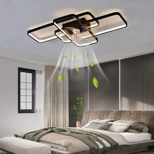 JOJOM LED-Ventilator Deckenleuchte Kreativ Dimmbar Modern Goldene Rechteck Deckenlampe Wohnzimmer Schlafzimmer Büro Metall Acryl Lampe,3000K-6500K Mit Fernbedienung (Color : Schwarz, Größe : 103cm) von JOJOM