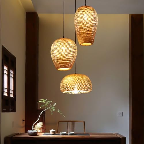 JOJOM Handgewebte Bambus Pendelleuchte Retro Stil Laterne Kronleuchter Landhaus Hängelampe Höhenverstellbar Leuchte Hängend Kronleuchter für Esszimmer Schlafzimmer Wohnzimmer E27 Pendant Lamp 3 Lights von JOJOM