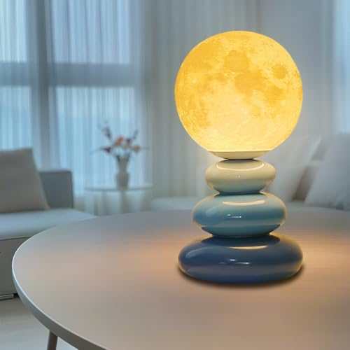 JOJOM Tischleuchte keramik Planeten Nachttischlampe Creme Wind table lamp mit 3 Lichtfarben einstellbaren für Wohnzimmer Schlafzimmer Desktop Kinderzimmer(B) von JOJOM