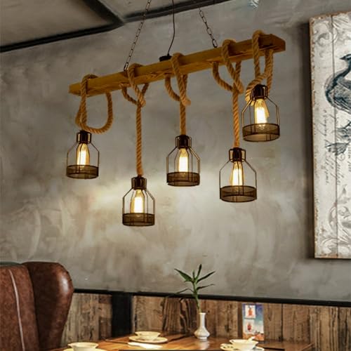 JOJOM Vintage Pendelleuchte Holz Pendellampe Esstischlampe höhenverstellbar E27 Hängeleuchte Esszimmerleuchte Glaslampenschirm Landhaus Leuchte Esszimmer Wohnzimmer Bar Deko Lampe von JOJOM
