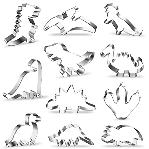 O-Kinee Cookie Cutter Set, 11 Stück Dinosaurier Plätzchen Ausstecher aus Edelstahl, Multifunktional für Fondant, Tortendekoration, Kekse, Kuchen, Spülmaschinenfest von O-Kinee