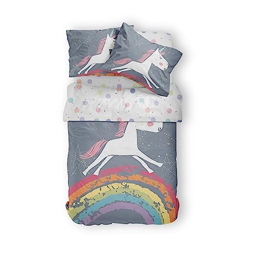 Einhorn Bettwäsche, Unicorn Mädchen Bettwäsche 135x200 Kinder Mit Reißverschluss, Mikrofaser Bettwäsche 4teilig Mit Spannbettlaken Und 2 Kissenbezug Kinderbettwäsche (Einhorn 3,135x200/80x80x2) von JOKBEN