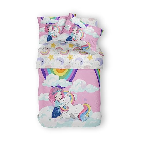 Einhorn Kinderbettwäsche 135x200, Regenbogen & Unicorn - Bettwäsche Für Mädchen, Bettwäsche Jungen - 100% Mikrofaser Mit Spannbettlaken, Kinder Bettwäsche-Sets (Einhorn 2,135x200/80x80x2) von JOKBEN