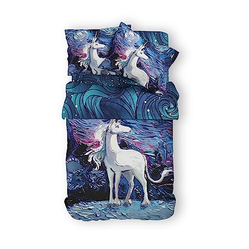 JOKBEN Einhorn Pferde Bettwäsche Set 135x200 - Mädchen Bettwäsche Mit Spannbettlaken 100% Mikrofaser - Unicorn Bettwäsche Für Kinder - Einhörner Pony Kinderbettwäsche (Einhorn 2,155x220/80x80x2) von JOKBEN