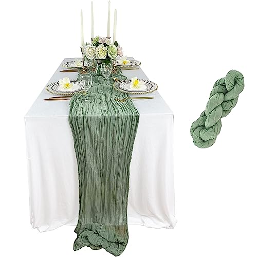 Salbeigrüne Seihtuch-Tischläufer, Tischläufer Grün, Salbeigrüne Tischdecke, Hochzeit Tischband, lang, rustikaler Gaze-Tischläufer 90 x 400 cm von JOKBEN