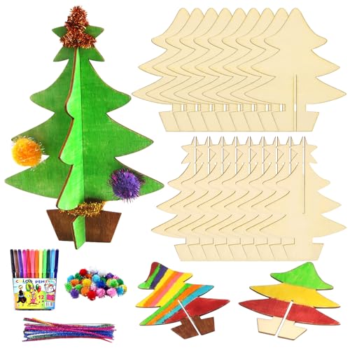 JOKILY Bastelset Weihnachten Holz Deko, Weihnachten Basteln, DIY Weihnachts Basteln, 3D Weihnachtsbaum Schneemann aus Holz, Weihnachten Holz Deko, Bastelset für Kinder zu Weihnachten (A) von JOKILY