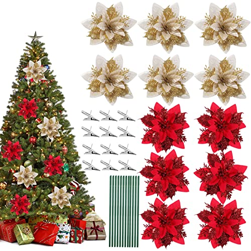 12 Stück Weihnachten Glitzer Weihnachtsstern Künstliche Blumen, Kunstblumen, Weihnachtsstern Deko Blumen, Weihnachten Baum Blumen Muster Ornamente mit 12 Metallclips und Stielen (Gold 6 + Rot 6) von JOKILY