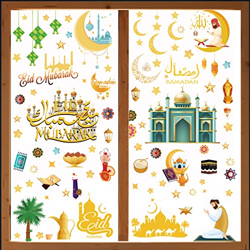 121 Stück Ramadan Fensteraufkleber, Eid Mubarak Fensterbild Set, Ramadan Dekorationen für Zuhause, Stern Laterne Aufkleber, Muslimische Fenstersticker Fensterdeko Selbstklebend Sticker (B) von JOKILY