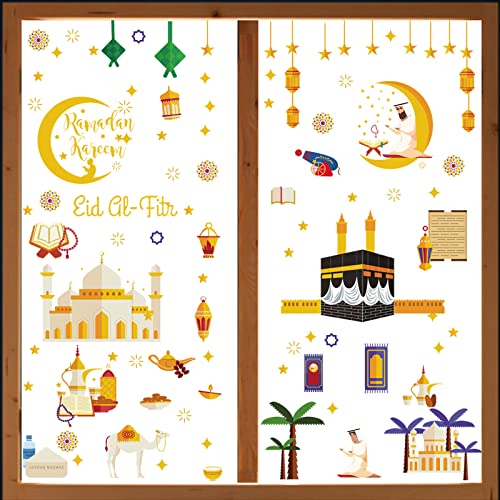 196 Stück Ramadan Fensteraufkleber, Eid Mubarak Fensterbild Set, Ramadan Dekorationen für Zuhause, Stern Laterne Aufkleber, Muslimische Fenstersticker Fensterdeko Selbstklebend Sticker (A) von JOKILY