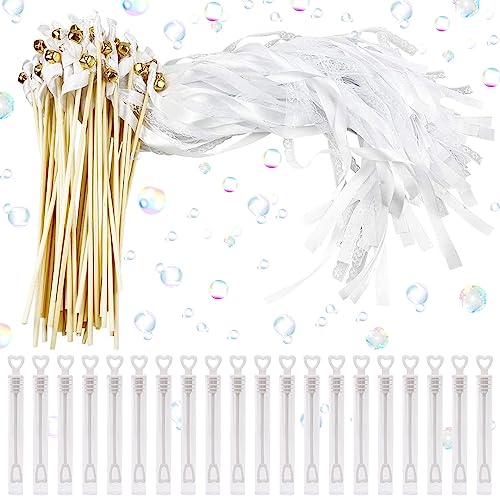 20 Wedding Wands Romantic Weiss Spalier, Weiß Zauberstäbe Hochzeit Luftschlangen mit Glöckchen und Bänder, Spitze Stäbe Hochzeit, Lace Ribbon mit 20 Seifenflüssigkeitstube für Hochzeit Partys von JOKILY