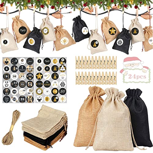 24 Jutesäckchen Adventskalender Zum Befüllen, Adventskalender für Männer Frauen Kinder, Weihnachten Adventskalender, Stoffbeutel mit Kordelzug mit 24 Holz-Clips, 10m Hanf-Seil und 48 Aufkleber von JOKILY