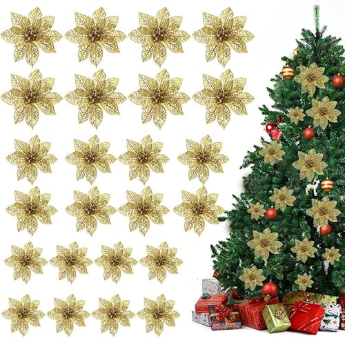 24 Stück Kunstblumen Weihnachten Künstlicher Weihnachtsstern Weihnachtsbaum Deko,Weihnachtsster Künstlich Blumen Christbaumschmuck,Künstlicher Weihnachtsstern für Weihnachtsbaum Ornamente Dekoration von JOKILY