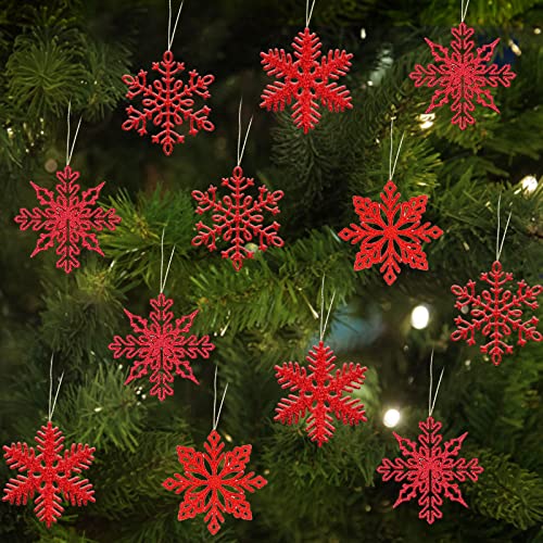 24 Stück Weihnachten Schneeflocken Deko, Weihnachtsfeier Dekoration, Schneeflocken-Weihnachtschmuck Glitzer mit Kunststoff-Pailletten, für Weihnachtsbaum Glitzer Weihnachtsbaumschmuck (Rot) von JOKILY