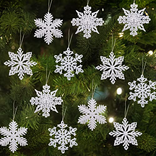 24 Stück Weihnachten Schneeflocken Deko, Weihnachtsfeier Dekoration, Schneeflocken-Weihnachtschmuck Glitzer mit Kunststoff-Pailletten, für Weihnachtsbaum Glitzer Weihnachtsbaumschmuck (Silber) von JOKILY