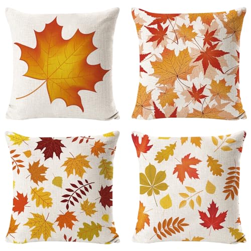 4 Stück Kissenbezug, Herbst Kissenbezüge 45x45 cm, Dekorative Kissenbezug Erntedankfest, Kissenbezug Herbst Dekorative Kissenbezug, Ahornblatt Kissenbezug aus Leinen für Sofa Bett Home Decor (B) von JOKILY