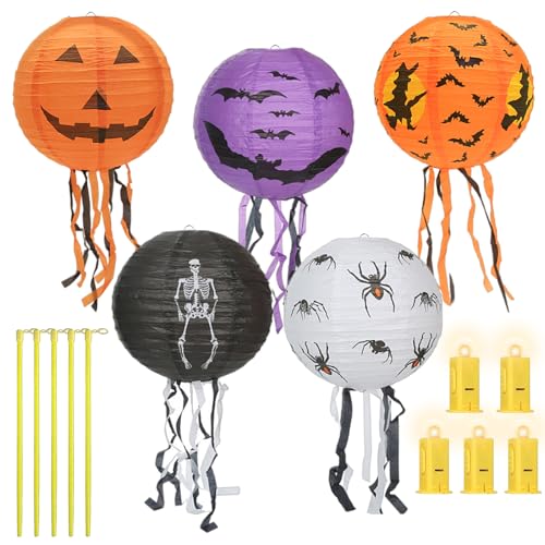 5 Stück Halloween Lampions, LED Halloween Laterne, Halloween Papierlaterne,Faltbar Lampenschirm Papier,Kürbis Spinnen Hängende Festival Laterne für Home Party Halloween Deko Junge Mädchen 5 Stück Halloween Lampions, LED Halloween Laterne, Halloween Papierlaterne,Faltbar Lampenschirm Papier,Kürbis Spinnen Hängende Festival Laterne für Home Party Halloween Deko Junge Mädchen von JOKILY