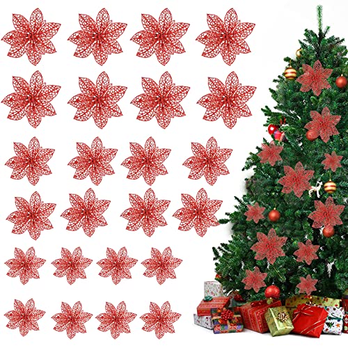 JOKILY 24 Stück Glitzer Kunstblumen Christbaumschmuck, Weihnachtsblumen 8/10/15cm, Weihnachten Blumen Dekor Ornament, Weihnachten Blumen Dekor, Weihnachtsblumen Deko Hochzeit von JOKILY