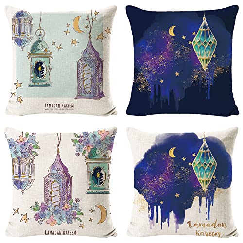 JOKILY 4 Stück Ramadan Kissenbezug Dekokissenbezüge Wurfkissenbezüge 45x45cm, Leinen Mond Laterne Muster Zierkissenbezüge Sofakissen Dekokissen Bezug für Eid Mubarak Sofa Wohnzimmer Kissen Dekoration von JOKILY