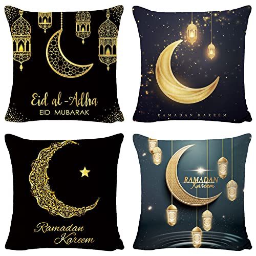 JOKILY 4 Stück Ramadan Kissenbezug Dekokissenbezüge Wurfkissenbezüge 45x45cm, Leinen Mond Laterne Muster Zierkissenbezüge Sofakissen Dekokissen Bezug für Eid Mubarak Sofa Wohnzimmer Kissen Dekoration von JOKILY