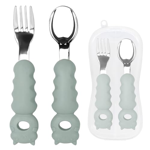 Kinderbesteck Besteck Set, Kinderbesteck, Gabel Kindergeschirr Mit Silikon Rutschfesten Griffen und Edelstahl Gabel Löffel für Jungen Mädchen Esslernbesteck (C) von JOKILY