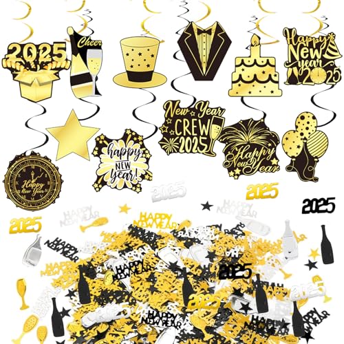 Silvester Deko 2025 Neujahrdeko Set, 12 Stück Deckenhänger Spiral Girlanden Schwarz & Gold Luftschlangen Silvester Hängedeko Wirbel und Konfetti, Frohes neues Jahr Silvester Party Dekoration von JOKILY