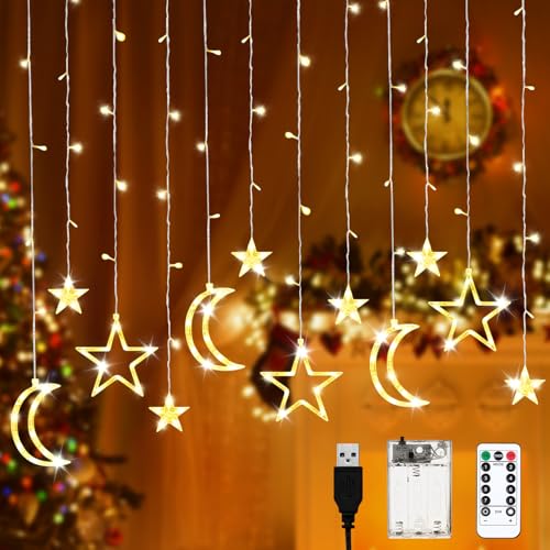 Stern Mond LED Lichterketten,Sterne Vorhang Lichter,3.5M LED Lichtervorhang Sterne Innen,LichtLichterkette Sternenvorhang,LED Fenstervorhang Lichter Weihnachtstag Hochzeit Garten Innen Außen Partydeko Stern Mond LED Lichterketten,Sterne Vorhang Lichter,3.5M LED Lichtervorhang Sterne Innen,LichtLichterkette Sternenvorhang,LED Fenstervorhang Lichter Weihnachtstag Hochzeit Garten Innen Außen Partydeko von JOKILY
