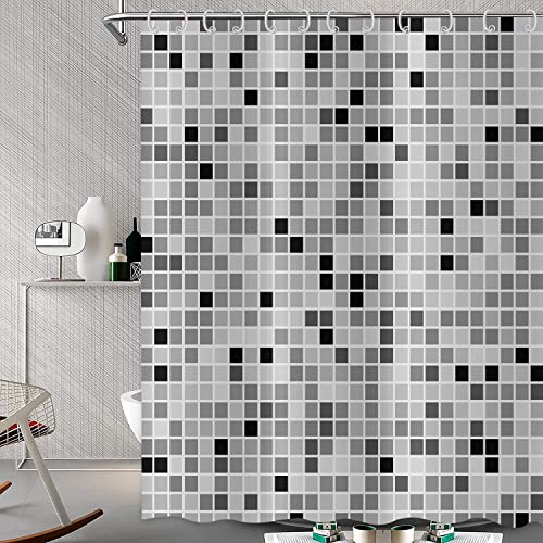 Duschvorhang 180x200 Grau Kariert Duschrollo Wasserabweisend Anti-Schimmel mit 12 Duschvorhangringen, 3D Bedrucktshower Shower Curtains, für Duschrollo für Badewanne Dusche von JOKITA