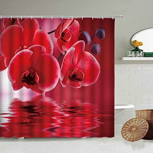 Duschvorhang 180x200 Rote Orchidee Duschrollo Wasserabweisend Anti-Schimmel mit 12 Duschvorhangringen, 3D Bedrucktshower Shower Curtains, für Duschrollo für Badewanne Dusche von JOKITA