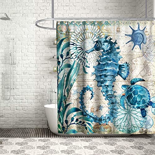 Duschvorhang 240x200 Seepferdchen Meeresschildkröte Duschrollo Wasserabweisend Anti-Schimmel mit 12 Duschvorhangringen, 3D Bedrucktshower Shower Curtains, für Duschrollo für Badewanne Dusche von JOKITA