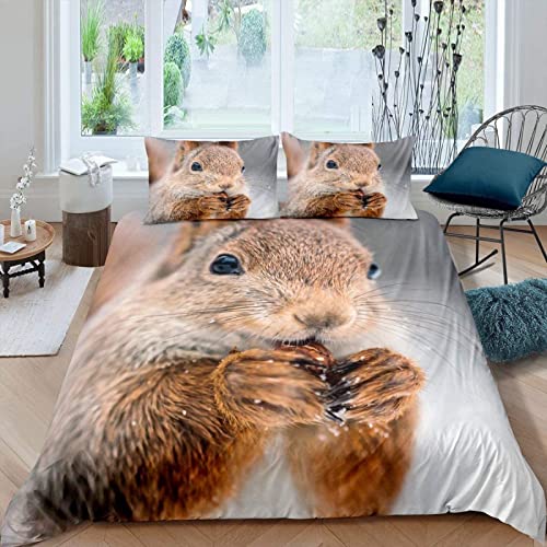 JOKITA Bettwäsche 135x200 Eichhörnchen, Winter Weiche 3D Bettzeug Set Eichhörnchen Bettwäsche-Sets, Eichhörnchen Bettbezug und 2 Kissenbezug 80x80 cm von JOKITA