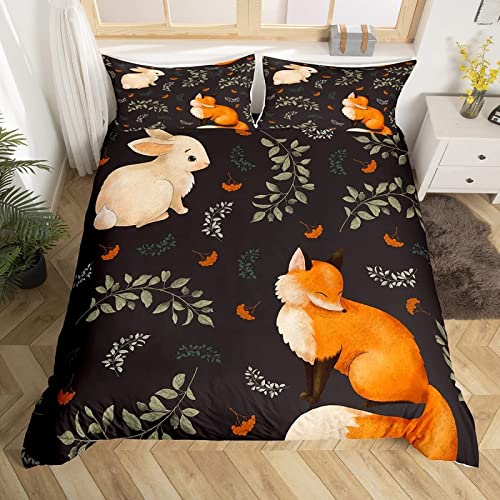 JOKITA Bettwäsche 155x200 Fuchs Hase, Winter Weiche 3D Bettzeug Set Fuchs Hase Bettwäsche-Sets, Fuchs Hase Bettbezug und 2 Kissenbezug 80x80 cm von JOKITA