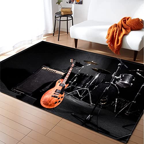 JOKITA Teppich Schlafzimmer Modern Schlagzeug Gitarre 3D Schlagzeug Gitarre Wohnzimmer Teppich Schlagzeug Gitarre Dekoration Carpet rutschfeste Teppiche, 100x150 cm von JOKITA
