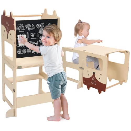 Kinder-Tritthocker, Küchenhocker für Kleinkinder, Lernturm aus Holz mit Kreidetafel, faltbarer Kleinkind-Tisch und Stuhl-Set, 2-in-1 Stehturm mit Nachrichtenbrettern für 18M+ von JOLIE VALLÉE TOYS & HOME