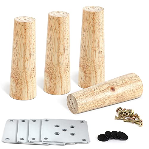 JOLIGAEA 4 Stück Möbelfüße Holz, Sofafüße, 15cm Konisch Ersatz Tischbeine, Möbelbeine mit Montageplatten & Schrauben für Sofa, Schrank, Bett Und Tisc, Rechter Winkel von JOLIGAEA