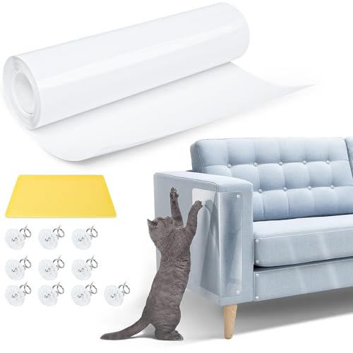 JOLIGAEA Kratzschutz Katze Tape 5m x 20cm, Selbstklebend Katze Kratzschutz Folie Transparent, Kratzfolie Anti Kratz Folie für Möbel Couch Sofa Wand Tür Schutz, Mit 10 Nägeln und Laminierwerkzeug von JOLIGAEA