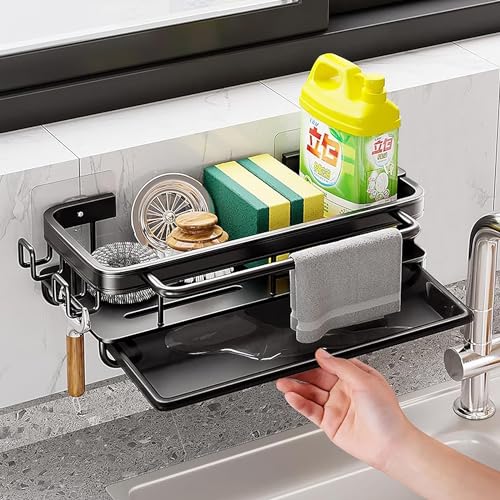 JOLIGAEA Spülbecken Caddy Organizer, Küchen Spüle Sink Organizer mit Haken und Handtuchhalter, Erforderlich Organizer Küche Kein Bohren, Schwammhalter Lappenhalter Spüle Organizer mit Abflusspfanne von JOLIGAEA