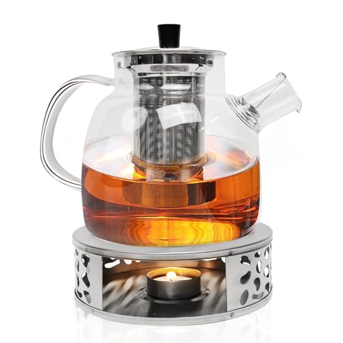 JOLIGAEA Teekanne Mit Sieb Und Stövchen, 1,5 Liter Glas, Teewärmer Edelstahl, Teapot, Glasteebereiter Mit Abnehmbarem Siebeinsatz von JOLIGAEA