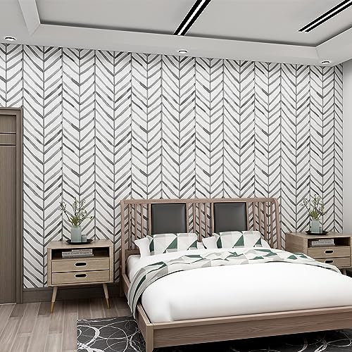 JOLIHOME Braunes Korn Geometrisch Look Tapete Weißes Mattes Selbstklebendes Kontaktpapier Fischgrätenstreifen Vinylfolie Abnehmbare Wandsticker für Schlafzimmer Büro Badezimmer Dekor 44.5x500cm von JOLIHOME