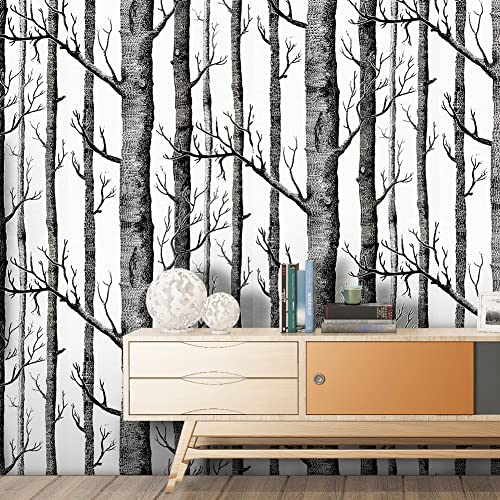 JOLIHOME Weiße Tapete Schwarzer Baum Selbstklebender Wandaufkleber Kontaktpapier zum Abziehen und Aufkleben aus Birkenholz Kunststoffrolle mit Klebriger Rückseite für Küche Schlafzimmer 44,5x500cm von JOLIHOME