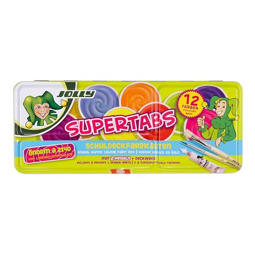 JOLLY Supertabs 12er Classic, Schuldeckfarbkasten, 12 Deckfarben, inkl. Deckweiß und 2 Pinsel im Metall-Etui, gut deckende und vermischbare Farben, hohe Pigmentdichte, für Schule und Privat geeignet von JOLLY