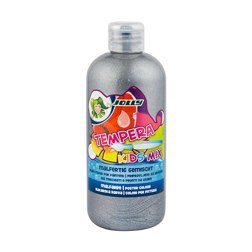 JOLLY Tempera Kids Mix Malfarbe, Flüssigfarbe, 0,5L Flasche Silber, lecuhtende und deckende Farben, unverdünnt oder mit Wasser vermalbar, auf allen Materialien anwendbar von JOLLY