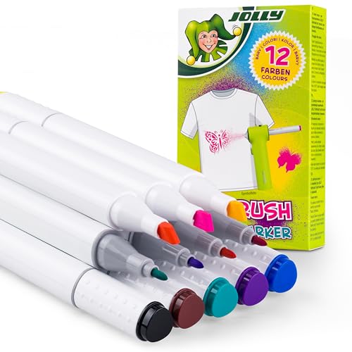 JOLLY Textilmarker, Nachfüllung Textil Airbrush oder als normaler Textilstift zu verwenden, 12 Farben mit dicker und dünner Spitze, für Textilien aller Art, nach Fixierung Waschmaschinenfest von JOLLY