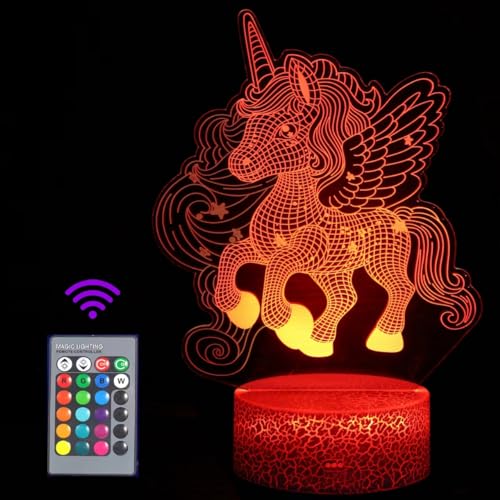 JOLLYEEP Einhorn Nachtlicht für Kinder, 3D Illusion Lampe Kinderzimmer LED Licht, Fernbedienung 16 Farbwechsel Dimmbar, Geburtstag Weihnachtsgeschenke für Mädchen Junge Wohnzimmer Schlafzimmer Dekor von JOLLYEEP