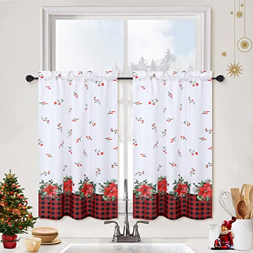 JOLLYTOP Scheibengardinen Weihnachten Küche Weihnachtsvorhänge Kurz Weihnachtsdeko Küchenvorhang Fensterdeko Scheibengardine Weihnachten Rot Schwarze Buffalo Kariert Gardinen 2er Set 68x61cm von JOLLYTOP