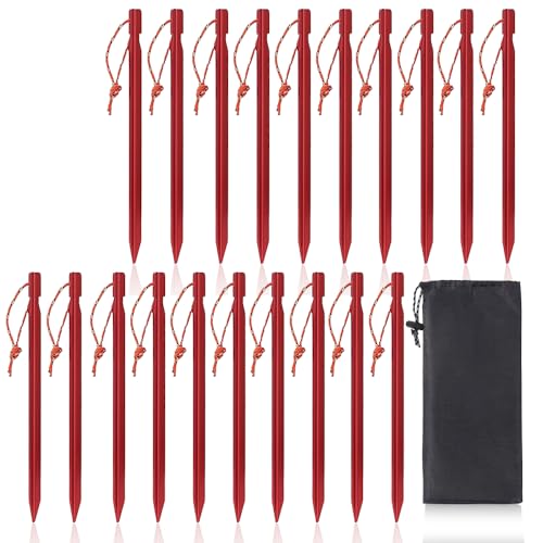 18cm/7" Zelt Heringe, 20 Stück Zeltheringe Sturmsichere Zeltheringe Stabile Aluminium Bodenheringe mit Seil Camping Gartenheringe für Outdoor Abenteuer (Rot) von JOLYLINT
