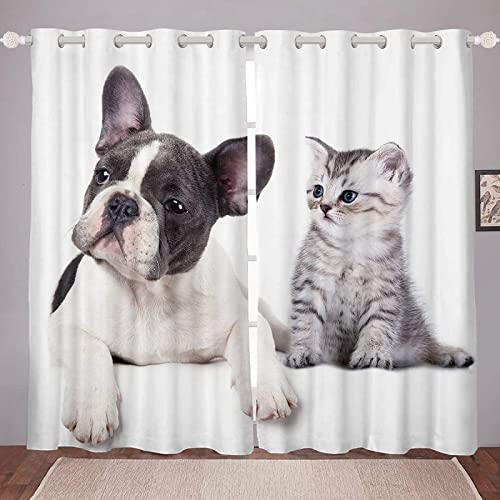 Französische Bulldogge Vorhang 3D Katze Blickdicht Gardinen mit Ösen 2 Stück Verdunkelungsvorhänge Junge Mädchen Vorhang Verdunkelung Wärmeisolierend Schlafzimmer Gardine 2 x 140 x 175 cm（B X H） von JOMAKE