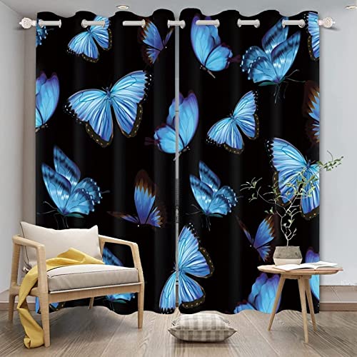 Gardinen Wohnzimmer 3D Blau, Schmetterling Vorhänge Modern Verdunkelungsvorhänge 2er Set, Vorhang Blickdicht mit Ösen Gardine Schlafzimmer 2 x 117 x 183 cm（B X H）, Kinder Mädchen Jungen von JOMAKE