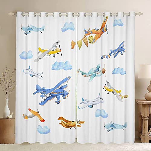 Gardinen Wohnzimmer 3D Kind, Flugzeug Vorhänge Modern Verdunkelungsvorhänge 2er Set, Vorhang Blickdicht mit Ösen Gardine Schlafzimmer 2 x 91.5 x 214 cm（B X H）, Kinder Mädchen Jungen von JOMAKE